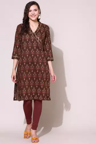 Anushil women cotton cambric v neck 3/4th sleeves printed kurti with golden lace work