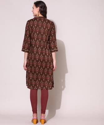 Anushil women cotton cambric v neck 3/4th sleeves printed kurti with golden lace work 5