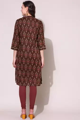 Anushil women cotton cambric v neck 3/4th sleeves printed kurti with golden lace work