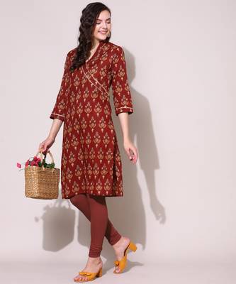 Anushil women cotton cambric v neck 3/4th sleeves printed kurti with golden lace work 1