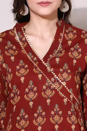 Anushil women cotton cambric v neck 3/4th sleeves printed kurti with golden lace work