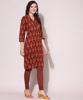 Anushil women cotton cambric v neck 3/4th sleeves printed kurti with golden lace work 3