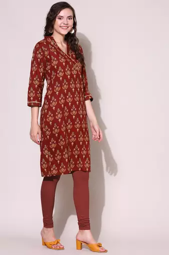 Anushil women cotton cambric v neck 3/4th sleeves printed kurti with golden lace work