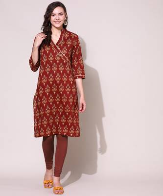 Anushil women cotton cambric v neck 3/4th sleeves printed kurti with golden lace work 4