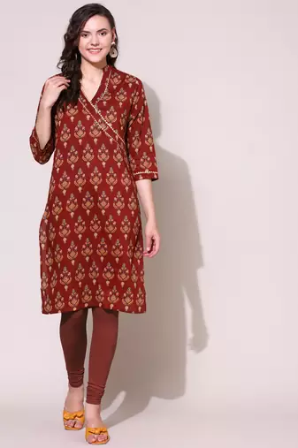 Anushil women cotton cambric v neck 3/4th sleeves printed kurti with golden lace work