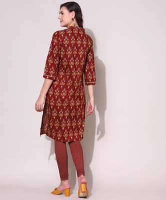 Anushil women cotton cambric v neck 3/4th sleeves printed kurti with golden lace work 5