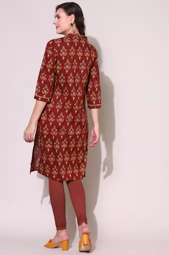Anushil women cotton cambric v neck 3/4th sleeves printed kurti with golden lace work