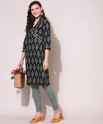 Anushil women cotton cambric v neck 3/4th sleeves printed kurti with golden lace work 1