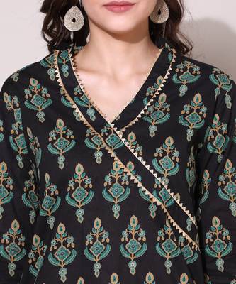 Anushil women cotton cambric v neck 3/4th sleeves printed kurti with golden lace work 2