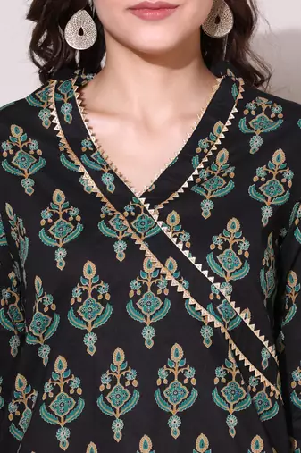 Anushil women cotton cambric v neck 3/4th sleeves printed kurti with golden lace work