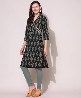 Anushil women cotton cambric v neck 3/4th sleeves printed kurti with golden lace work 3