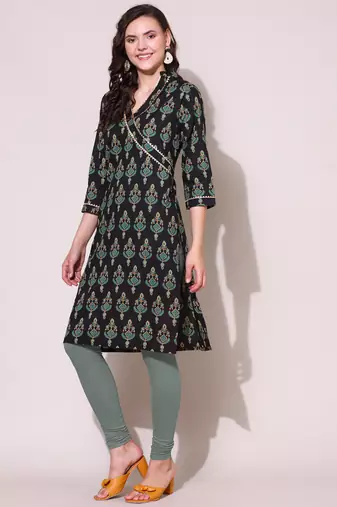 Anushil women cotton cambric v neck 3/4th sleeves printed kurti with golden lace work