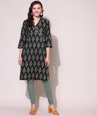 Anushil women cotton cambric v neck 3/4th sleeves printed kurti with golden lace work 4