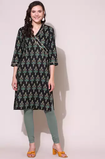 Anushil women cotton cambric v neck 3/4th sleeves printed kurti with golden lace work
