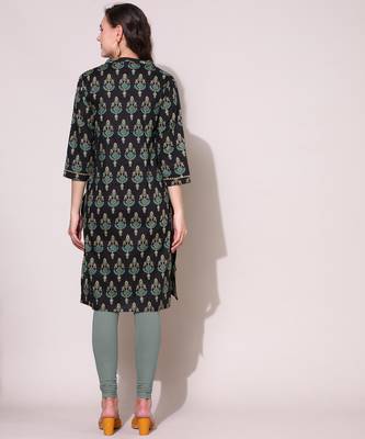 Anushil women cotton cambric v neck 3/4th sleeves printed kurti with golden lace work 5