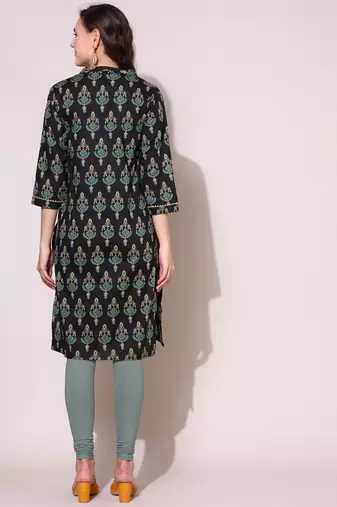 Anushil women cotton cambric v neck 3/4th sleeves printed kurti with golden lace work