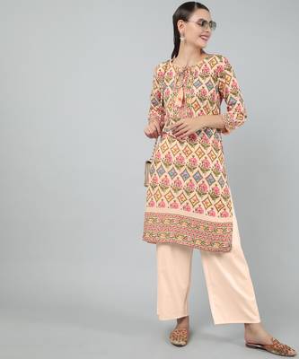 Anushil women cotton floral print 3/4th sleeves round neck regular fit with fabric button style for kurta 1