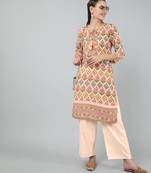 Anushil women cotton floral print 3/4th sleeves round neck regular fit with fabric button style for kurta