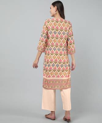 Anushil women cotton floral print 3/4th sleeves round neck regular fit with fabric button style for kurta 2