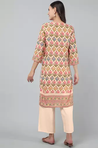 Anushil women cotton floral print 3/4th sleeves round neck regular fit with fabric button style for kurta
