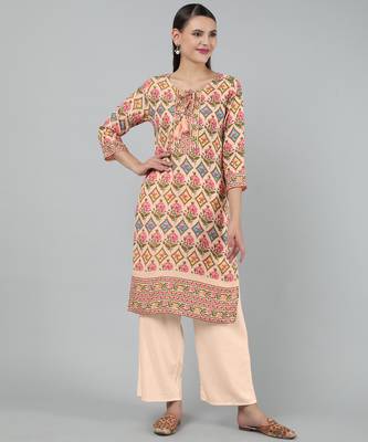 Anushil women cotton floral print 3/4th sleeves round neck regular fit with fabric button style for kurta 3
