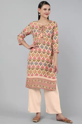 Anushil women cotton floral print 3/4th sleeves round neck regular fit with fabric button style for kurta