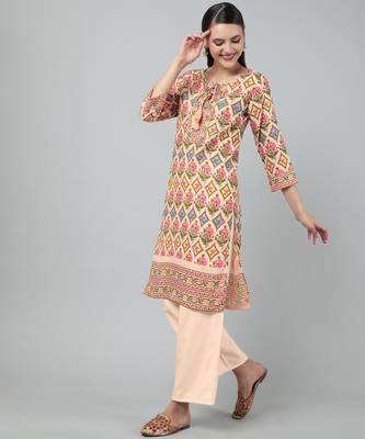 Anushil women cotton floral print 3/4th sleeves round neck regular fit with fabric button style for kurta 4