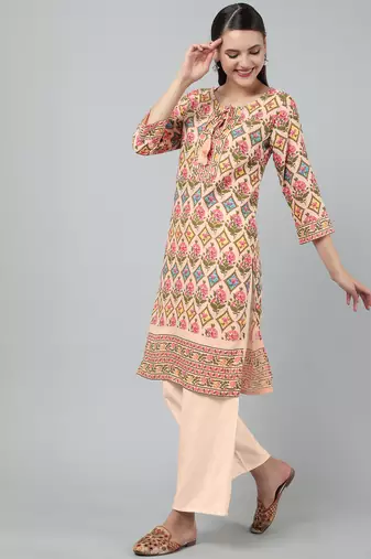 Anushil women cotton floral print 3/4th sleeves round neck regular fit with fabric button style for kurta