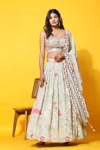 Pista Green Floral Jaal Embroidered Lehenga Set With Blouse And Dupatta