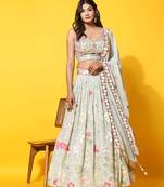 Pista Green Floral Jaal Embroidered Lehenga Set With Blouse And Dupatta