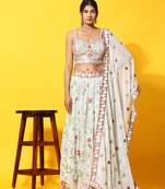 Sky Blue Floral Jaal Embroidered Lehenga Set With Blouse And Dupatta