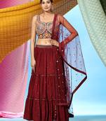 Maroon Tiered Lehenga Set With Embroidered Blouse And Dupatta
