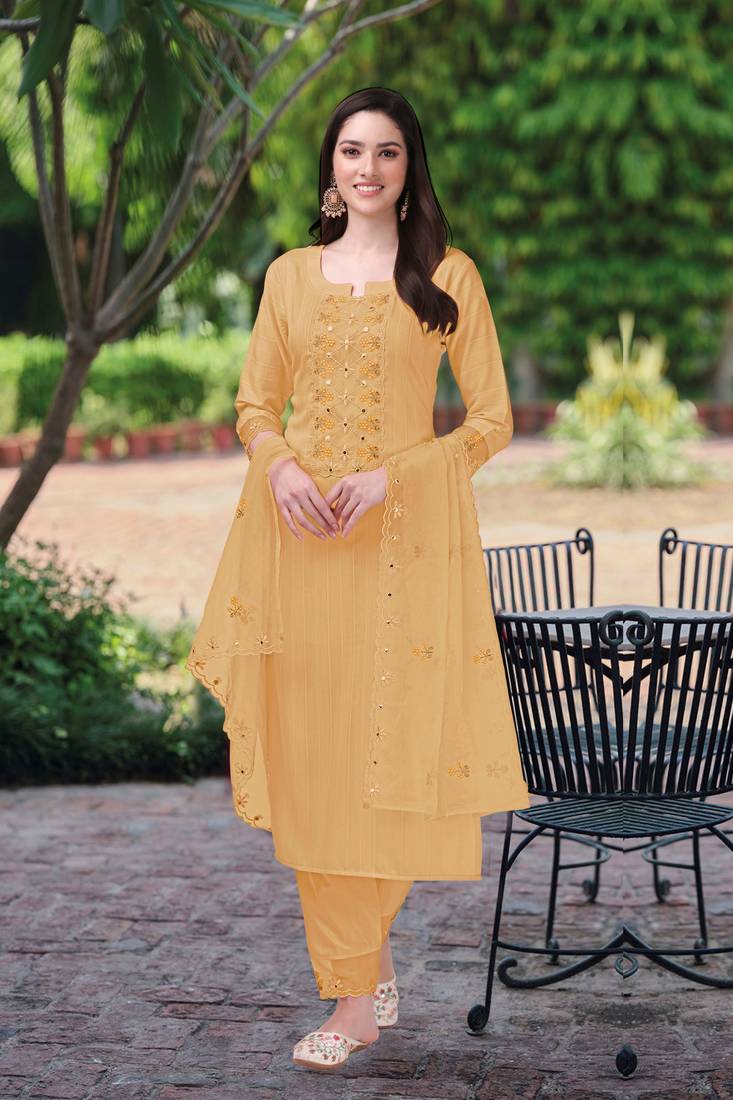 Trendmalls Yellow Cotton Party Wear Kurta Pant with Dupatta Salwar Suit Set