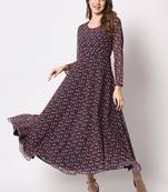 Navy blue floral printed fit & flared georgette dress