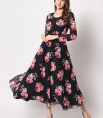Rose flower printed fit & flared black georgette dress