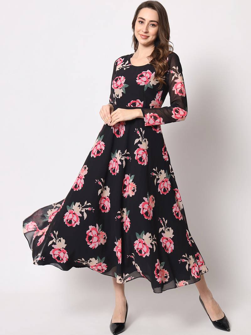 Rose flower printed fit flared black georgette dress BLACK