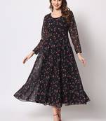 Black fit & flared floral printed georgette dress