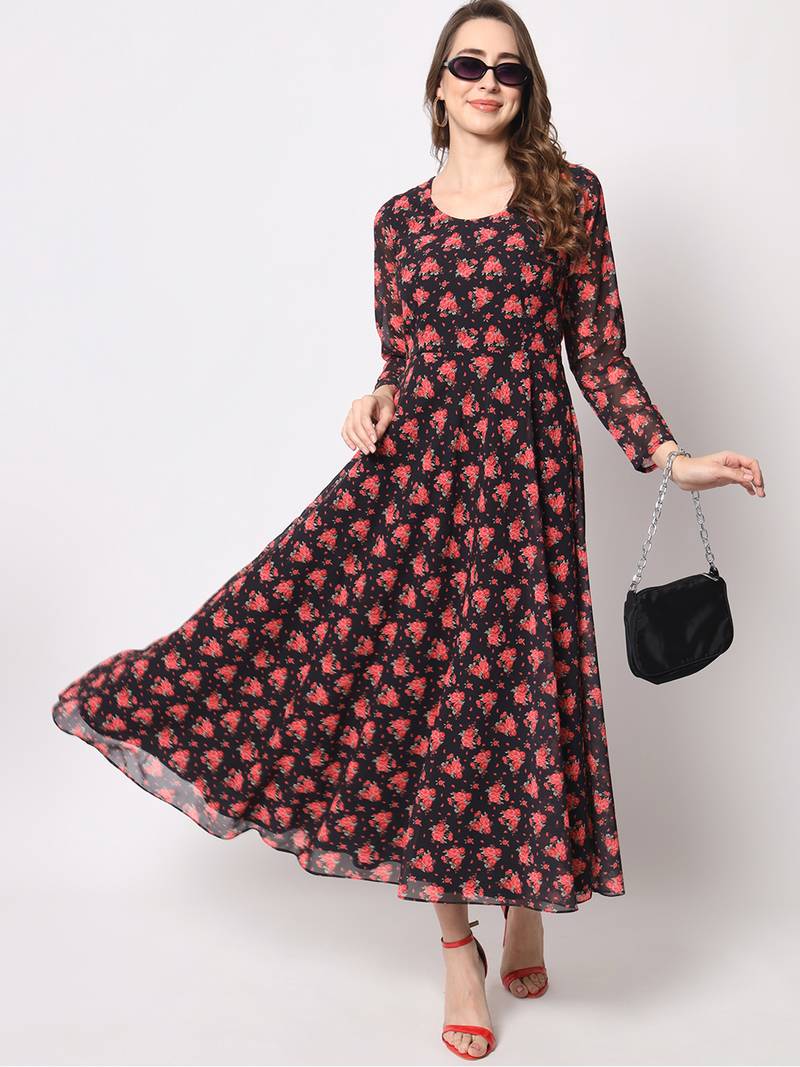 Black & red floral printed fit & flared maxi dress