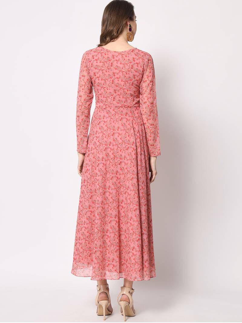 Paisley printed fit & flared gathered watermelon pink dress