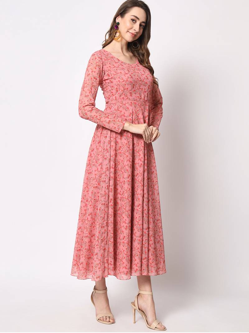 Paisley printed fit & flared gathered watermelon pink dress