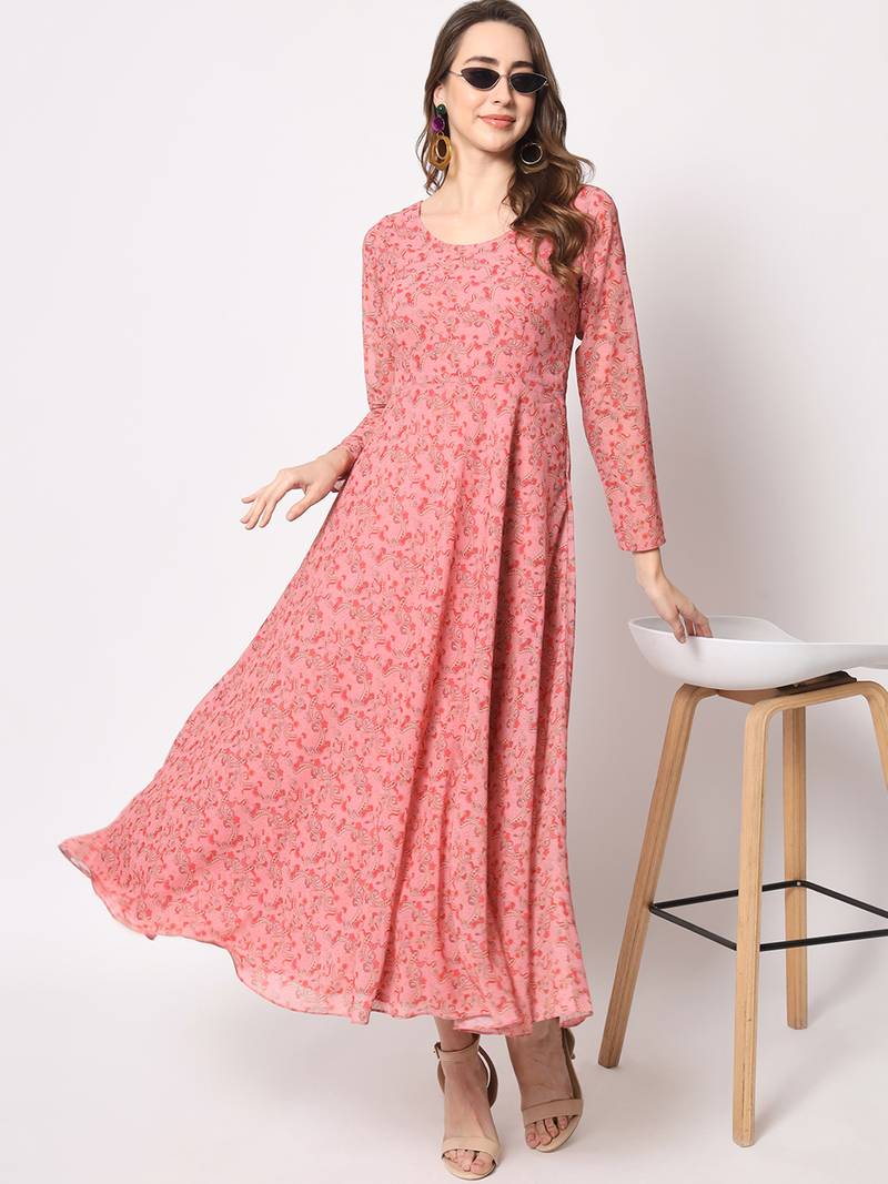 Paisley printed fit & flared gathered watermelon pink dress