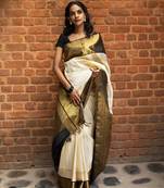 White Black Banarasi Silk Saree With Blouse Piece