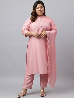 Xl love by janasya women's plus size pink poly silk kurta with pant and dupatta 1