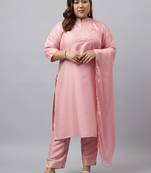 Xl love by janasya women's plus size pink poly silk kurta with pant and dupatta