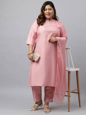 Xl love by janasya women's plus size pink poly silk kurta with pant and dupatta 2
