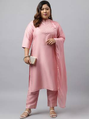 Xl love by janasya women's plus size pink poly silk kurta with pant and dupatta 3