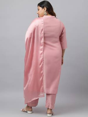 Xl love by janasya women's plus size pink poly silk kurta with pant and dupatta 4