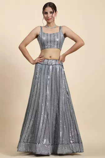 Spellbinding Grey Thread And Sequins Embroidered Georgette Lehenga Choli For Bride