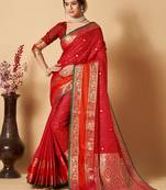 Bajaj Fashion Red and Golden Zari Woven kanjivaram silk blend Saree