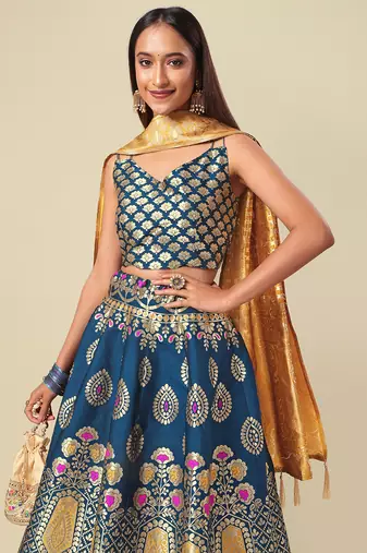 Teal Colour Jacquard Woven Lehenga Choli